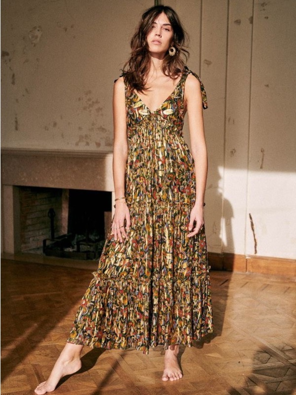 Sézane Olive Multi Floral Tie-Shoulder Maxi Dress